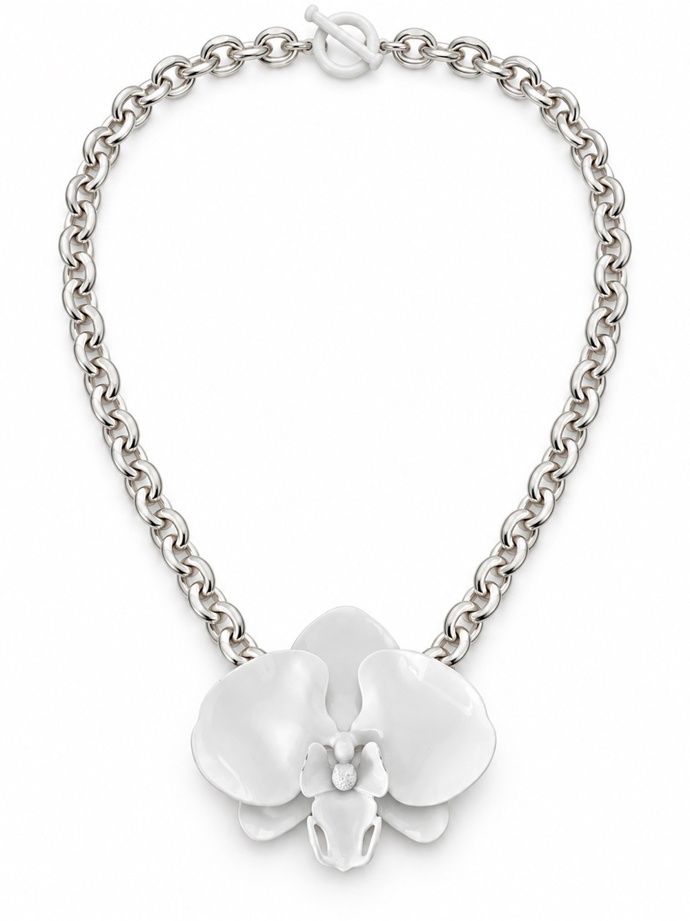 Statement White Orchid Flower Pendant Chunky Silver Tone Chain Necklace